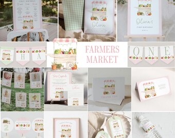 May include: A collection of Farmers Market themed party supplies. Includes invitations, banners, cupcake toppers, and signs. The designs feature a watercolor illustration of a produce cart with fruits and vegetables, in shades of pink, green, and brown.