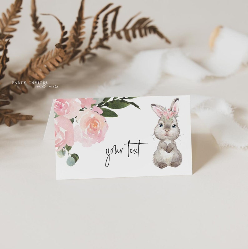 Bunny Baby Shower Place Card Table Tent Pink Floral and Greenery Party Food Labels Editable Name Cards 2150