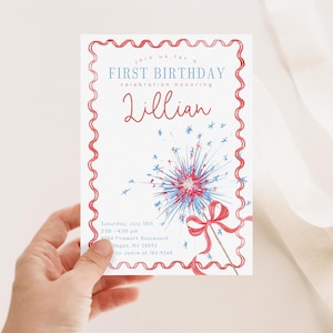 Invitación para fiesta de cumpleaños del 4 de julio, editable, patriótica, con lazo, en rojo, blanco y azul, 2826