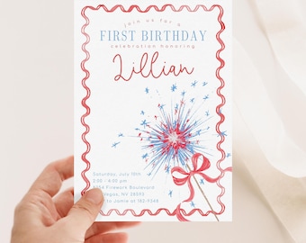 4th of July Birthday Party Invitation, Editable Patriotic Fourth of July First Birthday Invitation with Bow, Red White and Blue, 2826