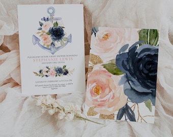 Invito per baby shower nautico, invito modificabile per baby shower con ancora floreale blu navy e rosa, 101