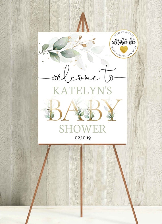 Greenery Baby Shower Welcome Sign Gold And Green Welcome Etsy