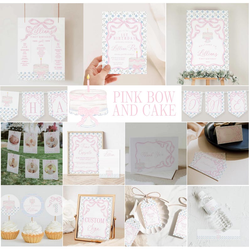 Pink Gingham 1st Birthday Invitation Bundle, Cake & Flowers Party Set ...