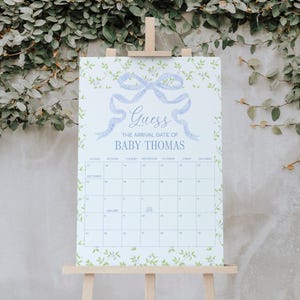 Light Blue Gingham Bow and Floral Baby Shower Due Date Calendar, Editable Blue Baby Shower Due Date Prediction Game, 2739