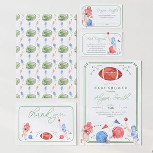 Voetbal babyshower uitnodiging set, bewerkbare jongen sport babyshower uitnodiging, jongen babyshower voetbal uitnodiging met inzetstukken, 2755