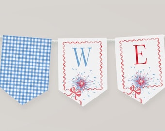 4th of July Baby Shower Banner, Editable Patriotic Fourth of July Birthday Banner with Gingham, Red White and Blue, 2826