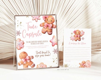 Pink Gingerbread Birthday Time Capsule Sign and Message Cards, Editable Gingerbread Cookie Holiday Time Capsule 2717