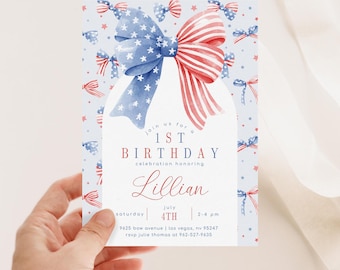 May include: A blue and red watercolor bow with stars, a 1st birthday invitation for Lillian, with the date Saturday, July 4th, 2-4 pm, 9625 Bow Avenue, Las Vegas, NV 95247, RSVP Julie Thomas at 962-527-9635.