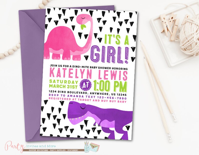 Girl Dinosaur Baby Shower Invitation Girl Dinosaur Etsy