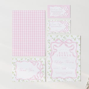 Rosa Gingham Bogen Babypartyeinladungs-Set, Gingham und Blumenband Babypartyeinladung, 2809