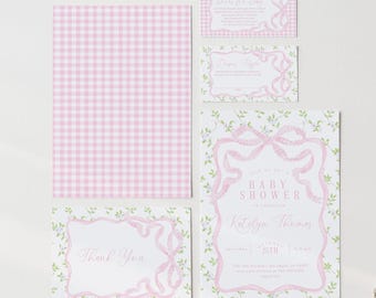 May include: Pink and white gingham patterned paper with a floral design baby shower invitation. The invitation features a pink ribbon with a bow and the text "Save the Date for a Baby Shower" and "Katelyn Thomas".