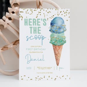 Boy Ice Cream Birthday Invitation, Ice Cream Party Invite, Mint and Blue Ice Cream Invitation, Editable Printable Template, 2521