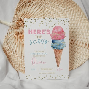 Bearbeitbare Eis-Geburtstagseinladung, Eis-Party einladen, Rosa und Blaue Eis-Einladung, bearbeitbare druckbare Vorlage, 2522
