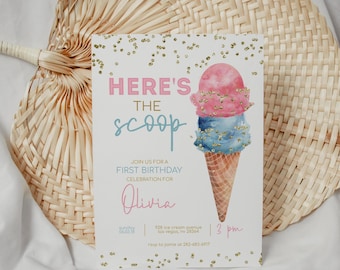 Editable Ice Cream Birthday Invitation, Ice Cream Party Invite, Pink and Blue Ice Cream Invitation, Editable Printable Template, 2522