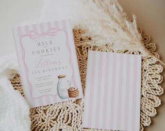 May include: Pink and white striped invitation for a 1st birthday party. The invitation says "Join us for Milk and Cookies to celebrate Lillian's 1st Birthday". The invitation has a picture of a milk jug and cookies.