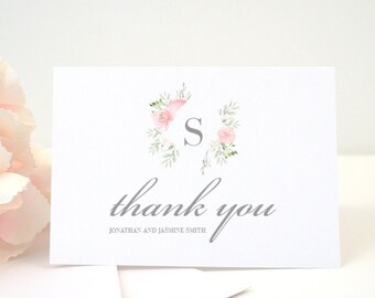 Personalized FLORAL MONOGRAM Thank You Card + Envelope, Thank You Cards, Pre-folded, FREE Return Addressing, Stationary, Custom, Printed