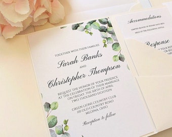 SALE! Personalized ELEGANT EUCALYPTUS Wedding Invitation Suite, Card, Invite Set, Announcement, Anniversary, Shower, Invite, Custom Printed