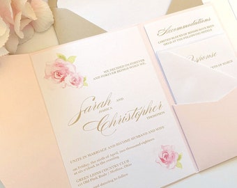 SALE! Personalized PINK ROSES Wedding Invitation Suite, Card, Invite Set, Announcement, Anniversary, Party, Shower, Invite, Custom Printed