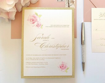 SALE! Personalized PINK ROSES Wedding Invitation Suite, Card, Invite Set, Announcement, Anniversary, Party, Shower, Invite, Custom Printed