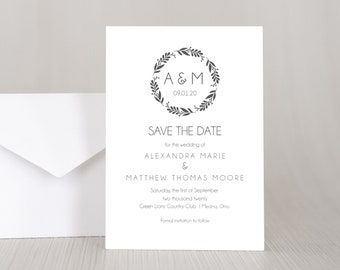 PRINTED Simple Wreath Save the Date Invitation, Card, Elegant, Simple, Monogram, Grey, Traditional, Rustic, Country, Barn, Classy Boho