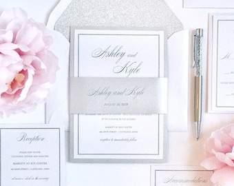 SALE! Ashley Wedding Invitation Suite | Classic | Elegant | Traditional | Formal | Simple | Glitter | Silver | Minimalist | Custom | SAMPLE