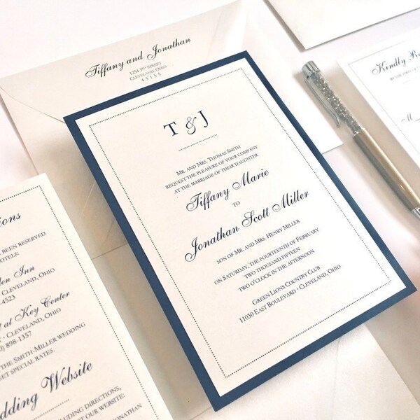 Elegant Monogram Wedding Invitation | Ivory and Navy Blue | Classy Chic Classic | Champagne | Custom Invitation | Simple | DOTS Sample