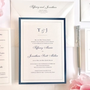 SALE! Elegant Monogram Wedding Invitation | Ivory and Navy Blue | Classy Chic Classic | Champagne | Custom Invitation | Simple | DOTS Sample