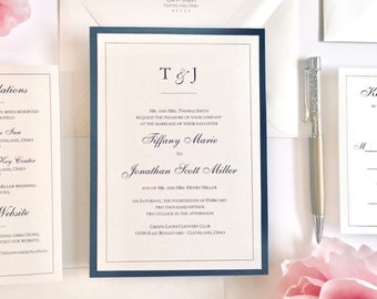 SALE! Elegant Monogram Wedding Invitation | Ivory and Navy Blue | Classy Chic Classic | Champagne | Custom Invitation | Simple | DOTS Sample