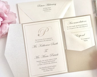 Elegant Monogram Pocketfold Wedding Invitation | Ivory and Sand Taupe | Classy Chic Classic | Simple | Traditional | KATHERINE Sample