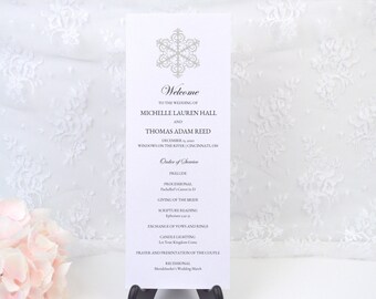 Tarjeta de ceremonia nupcial personalizada con temática de País de las Maravillas Invernal, programa de la ceremonia, sencilla, elegante, moderna, formal, para fiestas, recepciones, personalizada, IMPRESA.