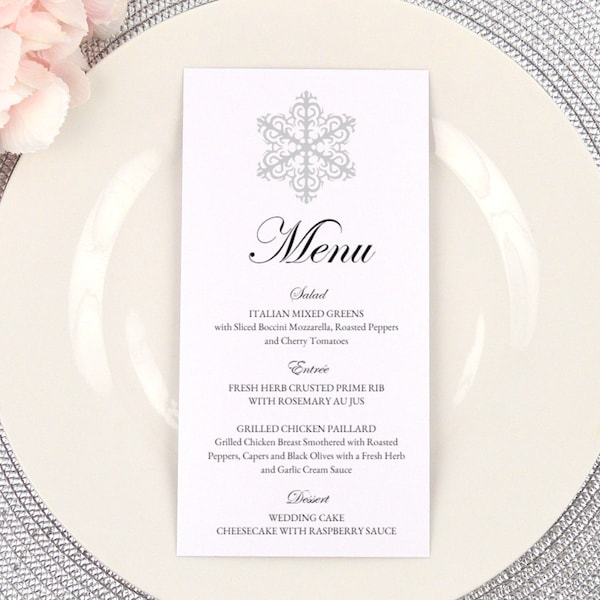 PRINTED Wedding Dinner Menu, 4x8" or 5x7" Card, Party, Reception, Table Menu, Simple, Silver, Elegant, Snowflake, Elegant, WINTER WONDERLAND