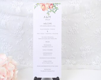 Tarjeta de ceremonia nupcial personalizada con acuarela floral, programa de la ceremonia, sencilla, elegante, moderna, formal, para fiestas, recepciones, personalizada, impresa.