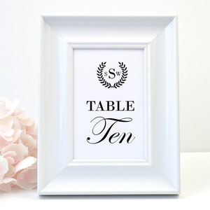 PRINTED Wedding Table Number, White Shimmer, Script, Black, Monogram, Calligraphy, Simple, Rustic, Elegant, LAUREL WREATH Design