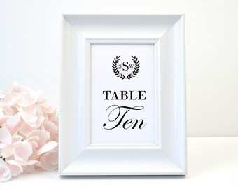 PRINTED Wedding Table Number, White Shimmer, Script, Black, Monogram, Calligraphy, Simple, Rustic, Elegant, LAUREL WREATH Design