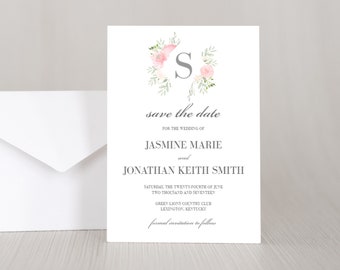 PRINTED Floral Frame Save the Date Invitation Card, Elegant, Simple, Boho, Greenery Leaves, Pink, Blush, Classic, Classy, Announcement