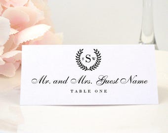 Personalized LAUREL WREATH Wedding Tented Place Card, Escort Cards, Name Cards, Reception, Folded Cards, Dinner Table Cards, Custom, PRINTED