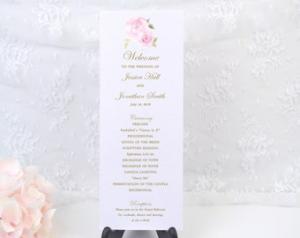 Personalized PINK ROSES Wedding Ceremony Card, Order of Service, Simple, Elegant, Modern, Formal, Party, Reception, Custom, PRINTED