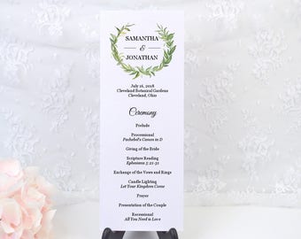 Personalized LAUREL WREATH Wedding Ceremony Card, Order of Service, Simple, Elegant, Modern, Formal, Party, Reception, Custom, PRINTED