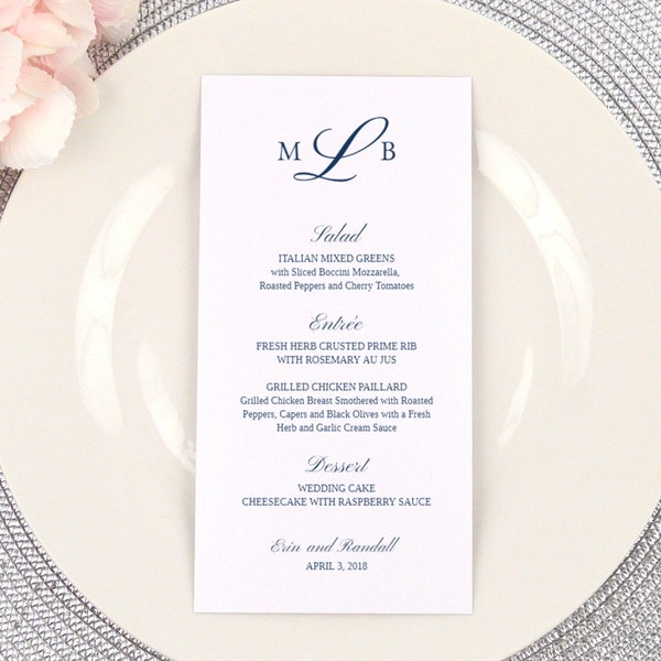 PRINTED Wedding Dinner Menu,  4x8" or 5x7" Card, Party, Table Menu, Reception, Romantic, Elegant, Chic, Classy, Navy Blue, MELISSA MONOGRAM
