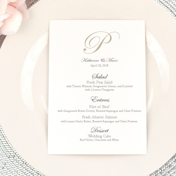 PRINTED Wedding Dinner Menu, 4x8" or 5x7" Size, Custom Menu Card, Party, Reception, Simple, Romantic, Elegant, Monogram, KATHERINE