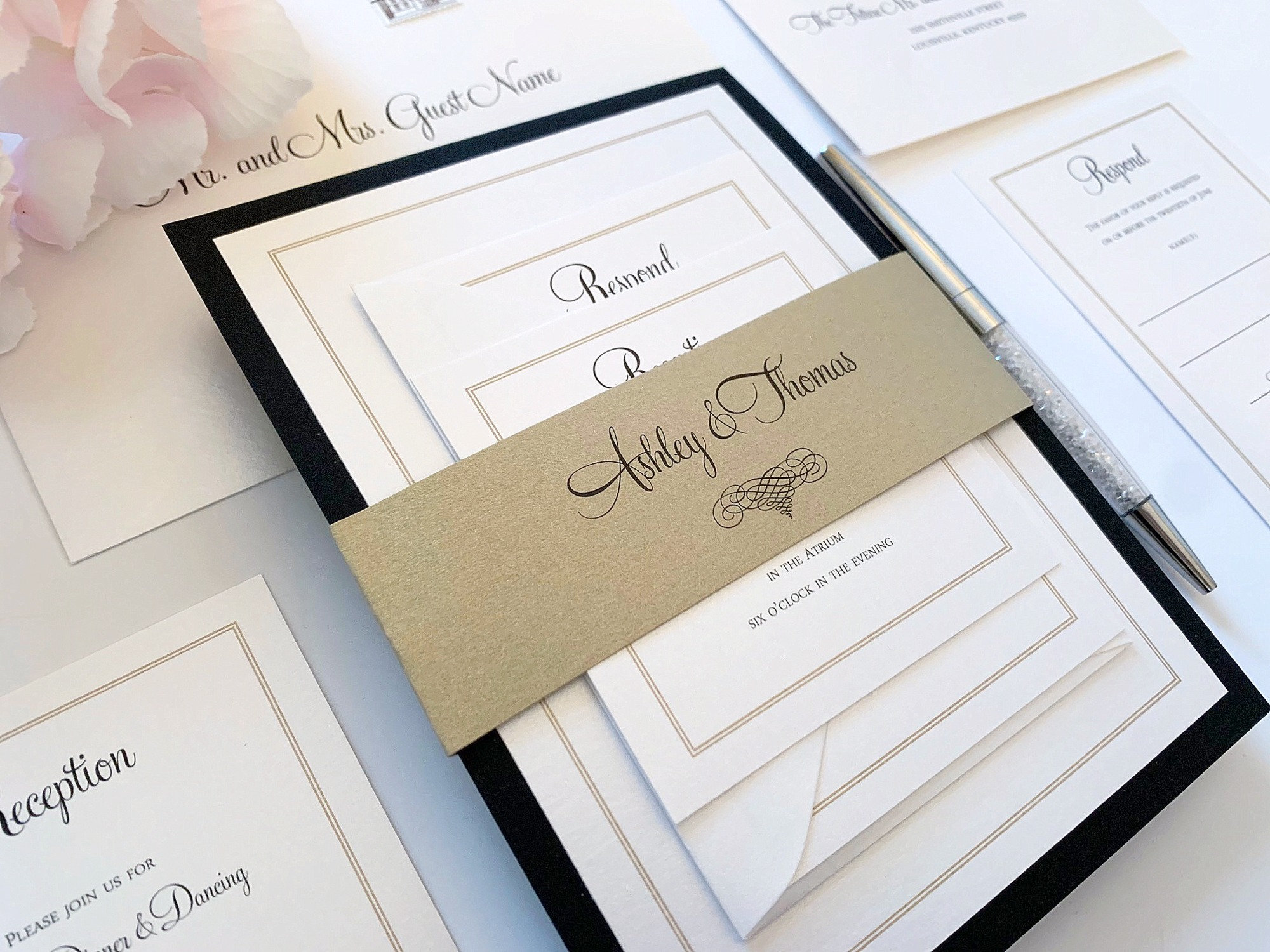 SALE! Elegant Scroll Wedding Invitation Suite | Gold | Traditional | Minimalist | Black and White | Custom | Personalized | Formal | SAMPLE