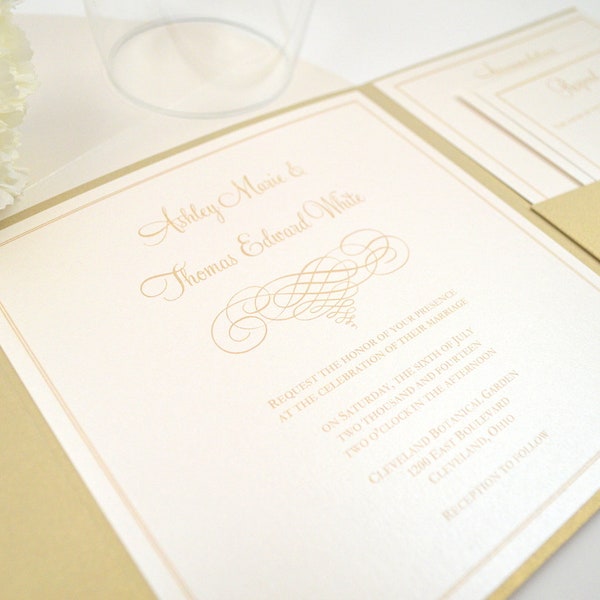 Romantic Pocketfold Wedding Invitation | Ivory and Gold | Classy Classic Chic | Traditional Formal | Simple | ELEGANT SCROLL Sample