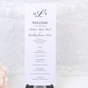 PRINTED Wedding Ceremony Program, Custom Program, Long Tea Length, Order of Service, Simple, Romantic, Monogram, Navy Blue, Classy, MELISSA