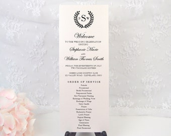 Personalized LAUREL WREATH  Wedding Ceremony Card, Order of Service, Simple, Elegant, Modern, Formal, Party, Reception, Custom, PRINTED