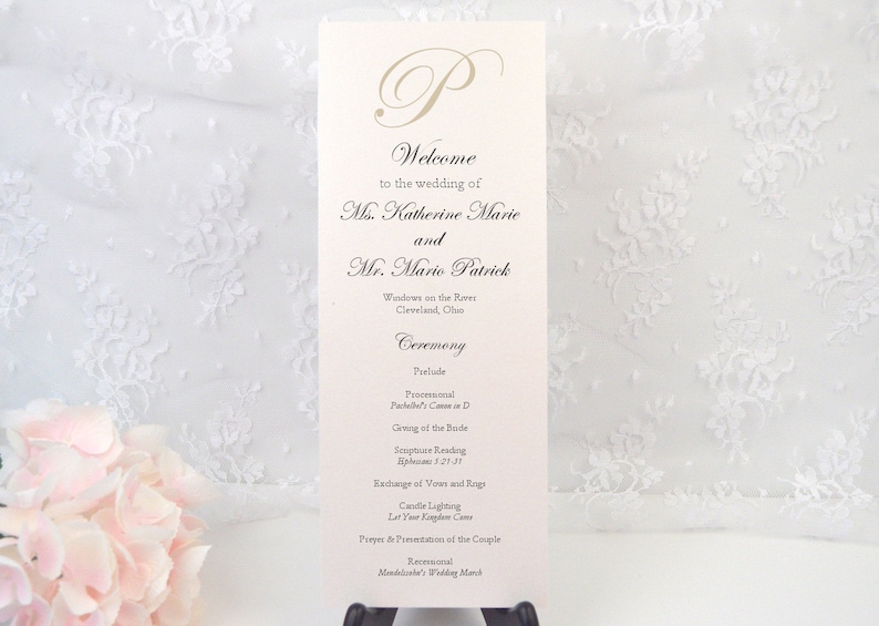 PRINTED Wedding Ceremony Program, Custom Program, Long Tea Length, Order of Service, Simple, Romantic, Monogram, Sand, Ivory, KATHERINE image 1