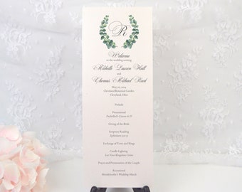 Personalized EUCALYPTUS WREATH Wedding Ceremony Card, Order of Service, Simple, Elegant, Modern, Formal, Party, Reception, Custom, PRINTED