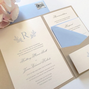 BRITTANY | Pocketfold Wedding Invitation Suite | Elegant | Blue | Sand | Taupe | Monogram | Personalized | Simple | Minimalist