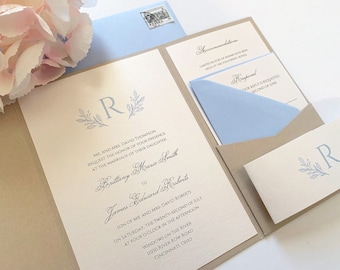 BRITTANY | Pocketfold Wedding Invitation Suite | Elegant | Blue | Sand | Taupe | Monogram | Personalized | Simple | Minimalist