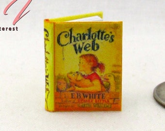 CHARLOTTES WEB par E.B. Livre blanc illustré à couverture rigide pour maison de poupée miniature à l'échelle 1:12, histoire pour enfants