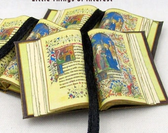 Open Book MEDIEVAL Illuminated BOOK Of HOURS Miniature Dollhouse 1:12 Scale Bible Hard Cover Book Religion
